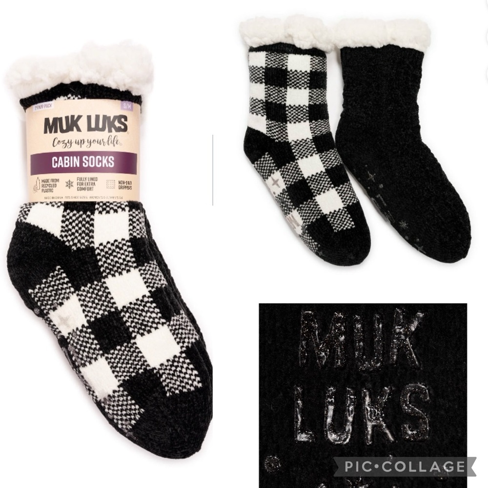 Muk Luks 2 Pack Of Fuzzy Chenille Plush Lined Cabin Socks Slippers Buffalo Plaid